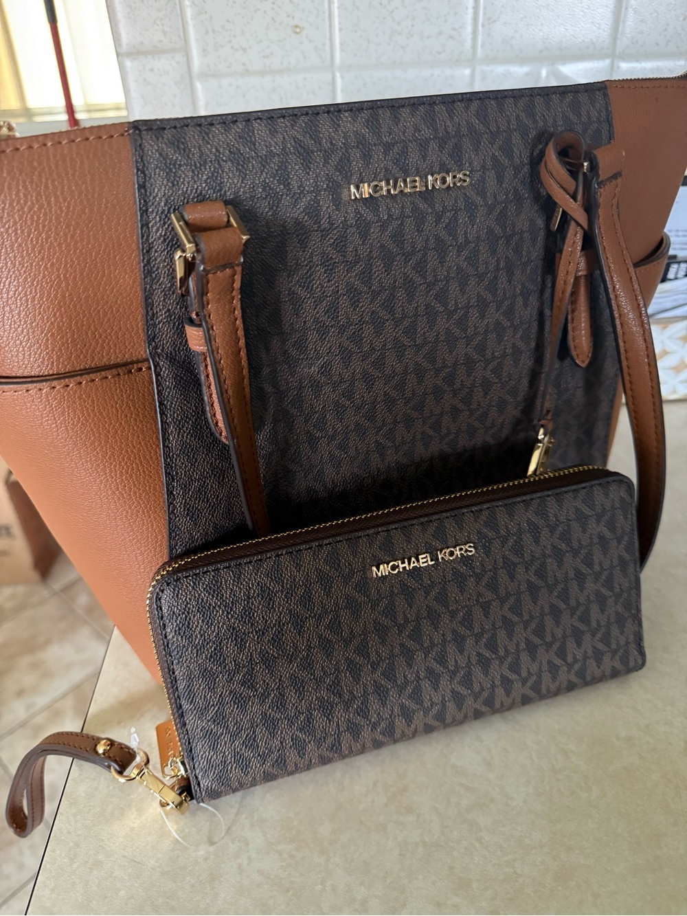 Michael Kors Brown Logo Tote with Matching MK Zip Wallet